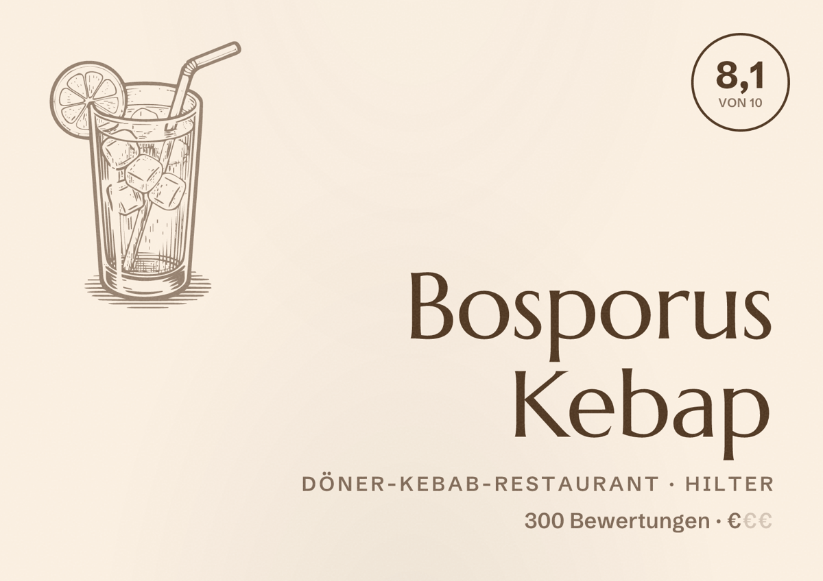 Illustriertes Poster von Bosporus Kebap, Döner-Kebab-Restaurant in Hilter: Bewertung 8,1 von 10 aus 300 Bewertungen, Preisniveau €