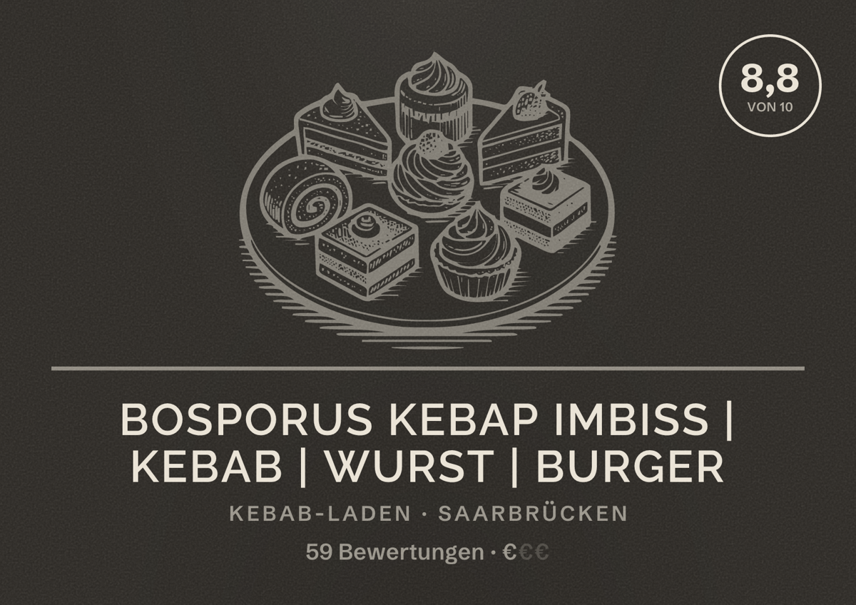 Illustriertes Poster von Bosporus Kebap Imbiss | Kebab | Wurst | Burger, Kebab-Laden in Saarbrücken: Bewertung 8,8 von 10 aus 59 Bewertungen, Preisniveau €