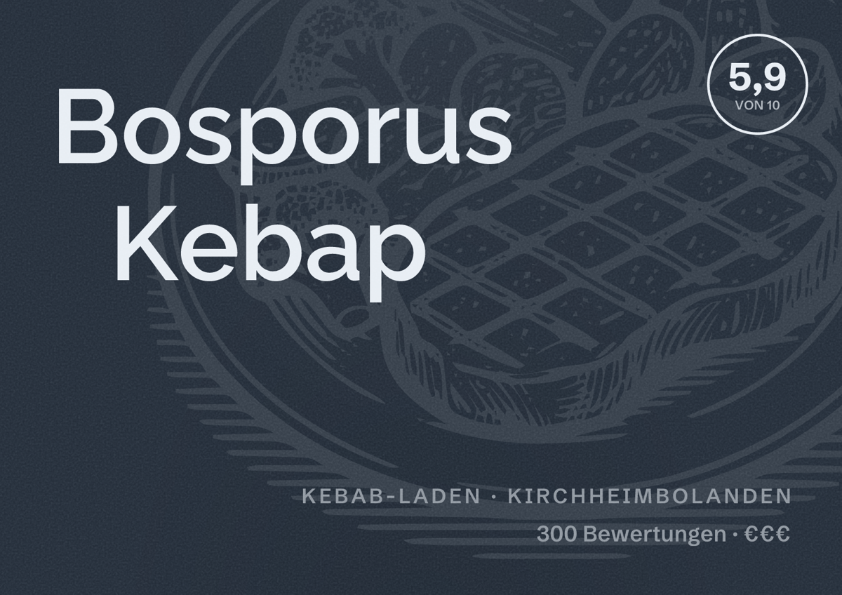 Illustriertes Poster von Bosporus Kebap, Kebab-Laden in Kirchheimbolanden: Bewertung 5,9 von 10 aus 300 Bewertungen, Preisniveau €€€