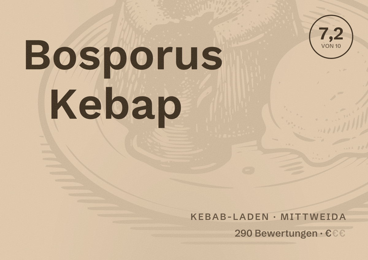 Illustriertes Poster von Bosporus Kebap, Kebab-Laden in Mittweida: Bewertung 7,2 von 10 aus 290 Bewertungen, Preisniveau €