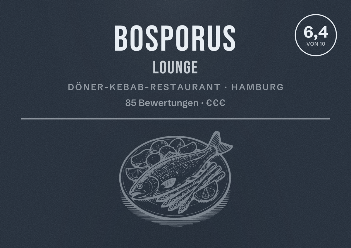 Illustriertes Poster von BOSPORUS LOUNGE, Döner-Kebab-Restaurant in Hamburg: Bewertung 6,4 von 10 aus 85 Bewertungen, Preisniveau €€€