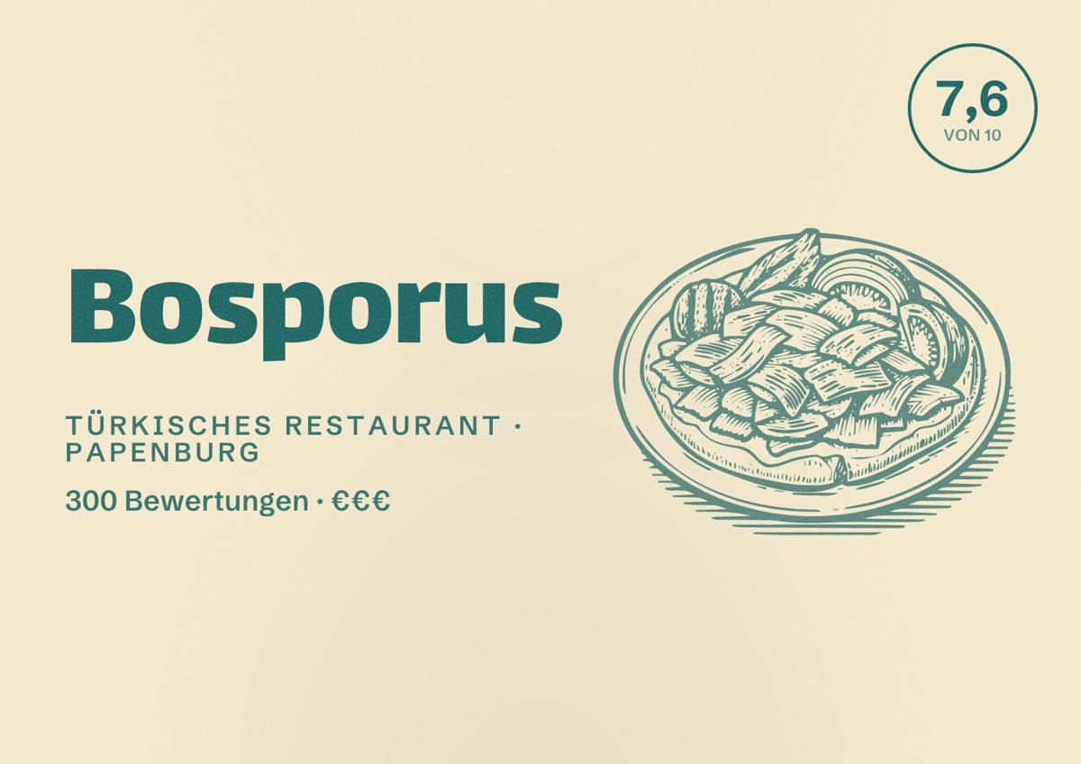 Illustriertes Poster von Bosporus, Türkisches Restaurant in Papenburg: Bewertung 7,6 von 10 aus 300 Bewertungen, Preisniveau €€€
