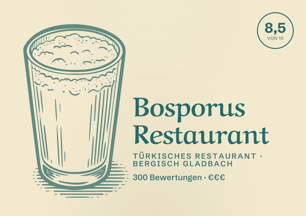 Illustriertes Poster von Bosporus Restaurant, Türkisches Restaurant in Bergisch Gladbach: Bewertung 8,5 von 10 aus 300 Bewertungen, Preisniveau €€€