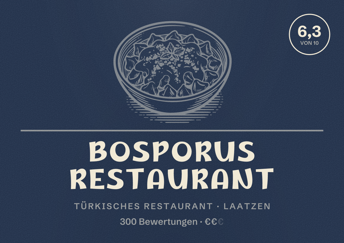 Illustriertes Poster von Bosporus Restaurant, Türkisches Restaurant in Laatzen: Bewertung 6,3 von 10 aus 300 Bewertungen, Preisniveau €€