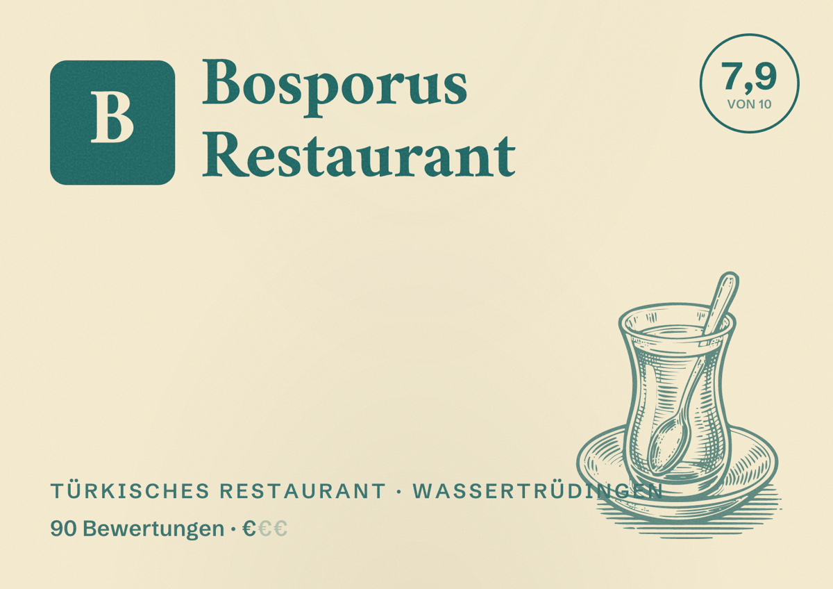 Illustriertes Poster von Bosporus Restaurant, Türkisches Restaurant in Wassertrüdingen: Bewertung 7,9 von 10 aus 90 Bewertungen, Preisniveau €