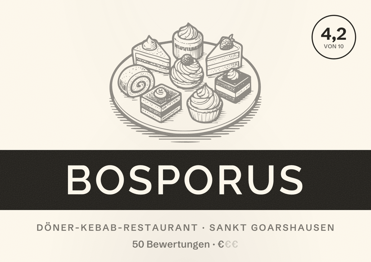 Illustriertes Poster von Bosporus, Döner-Kebab-Restaurant in Sankt Goarshausen: Bewertung 4,2 von 10 aus 50 Bewertungen, Preisniveau €