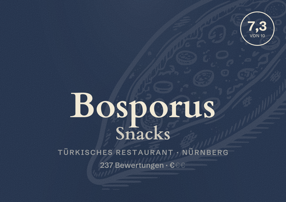 Illustriertes Poster von Bosporus Snacks, Türkisches Restaurant in Nürnberg: Bewertung 7,3 von 10 aus 237 Bewertungen, Preisniveau €