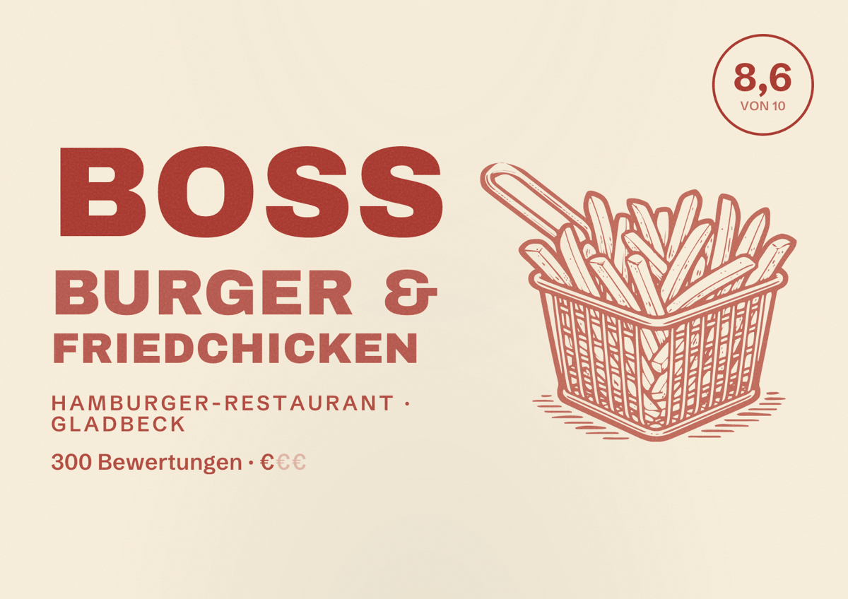Illustriertes Poster von Boss Burger & Friedchicken, Hamburger-Restaurant in Gladbeck: Bewertung 8,6 von 10 aus 300 Bewertungen, Preisniveau €