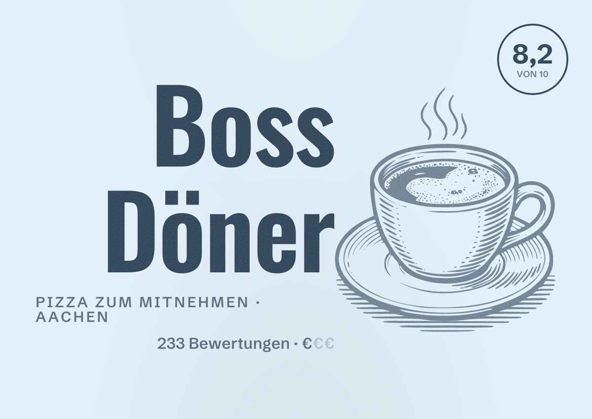 Illustriertes Poster von Boss Döner, Pizza zum Mitnehmen in Aachen: Bewertung 8,2 von 10 aus 233 Bewertungen, Preisniveau €