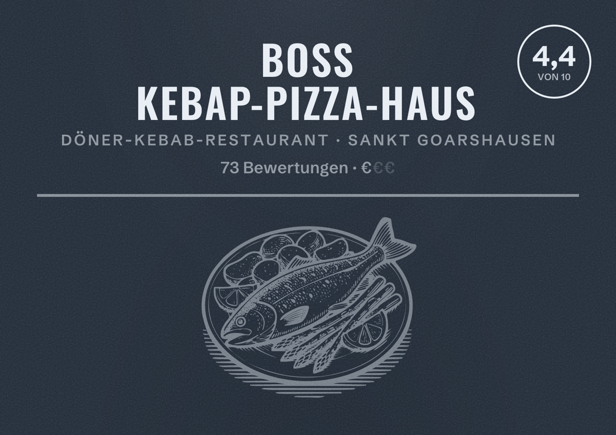 Illustriertes Poster von Boss Kebap-Pizza-Haus, Döner-Kebab-Restaurant in Sankt Goarshausen: Bewertung 4,4 von 10 aus 73 Bewertungen, Preisniveau €