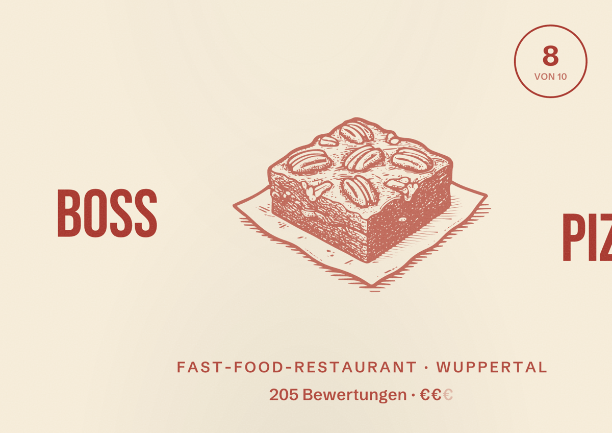 Illustriertes Poster von Boss Pizza, Fast-Food-Restaurant in Wuppertal: Bewertung 8,0 von 10 aus 205 Bewertungen, Preisniveau €€