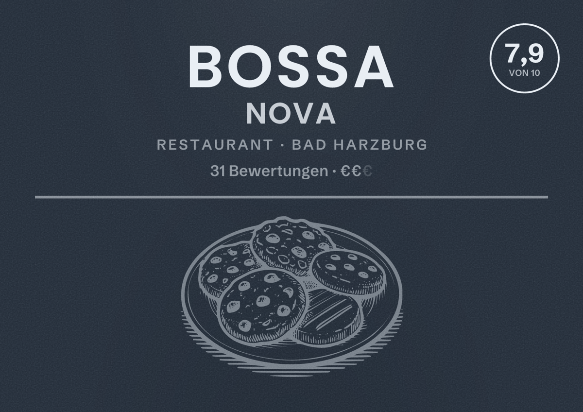 Illustriertes Poster von BOSSA NOVA, Restaurant in Bad Harzburg: Bewertung 7,9 von 10 aus 31 Bewertungen, Preisniveau €€