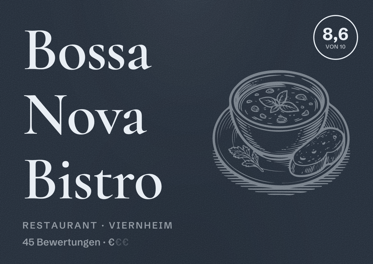 Illustriertes Poster von Bossa Nova Bistro, Restaurant in Viernheim: Bewertung 8,6 von 10 aus 45 Bewertungen, Preisniveau €