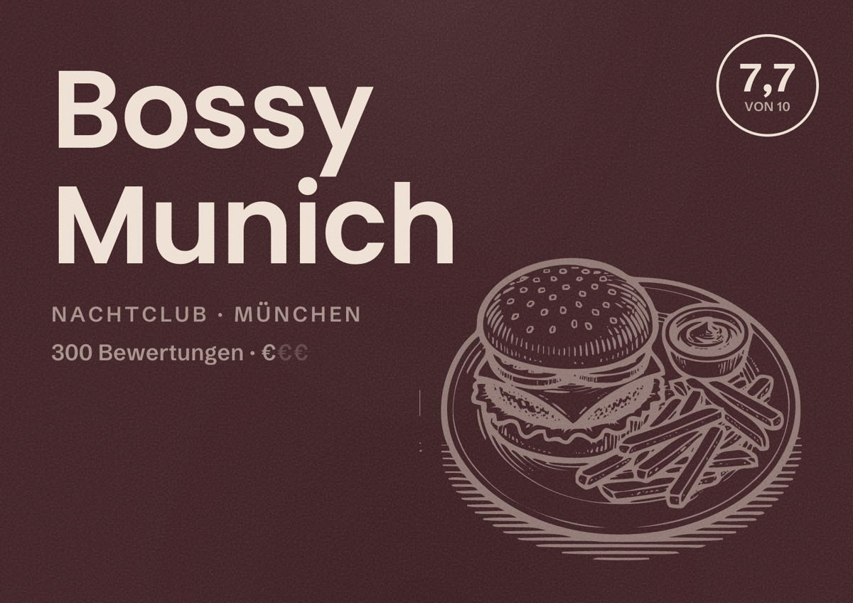 Illustriertes Poster von Bossy Munich, Nachtclub in München: Bewertung 7,7 von 10 aus 300 Bewertungen, Preisniveau €