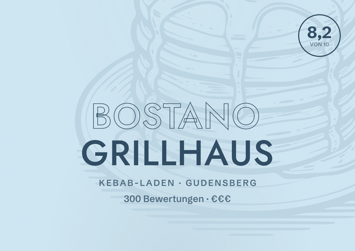 Illustriertes Poster von Bostano Grillhaus, Kebab-Laden in Gudensberg: Bewertung 8,2 von 10 aus 300 Bewertungen, Preisniveau €€€