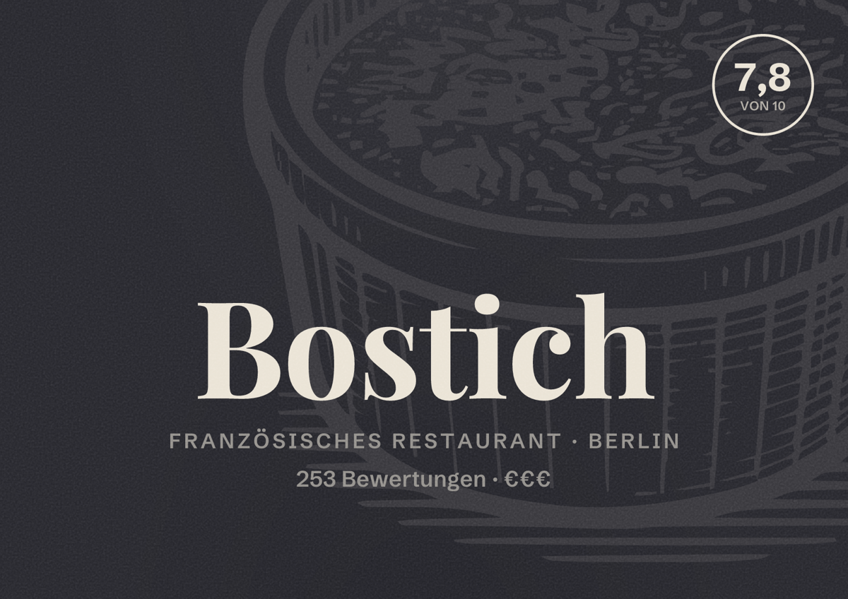 Illustriertes Poster von Bostich, Französisches Restaurant in Berlin: Bewertung 7,8 von 10 aus 253 Bewertungen, Preisniveau €€€