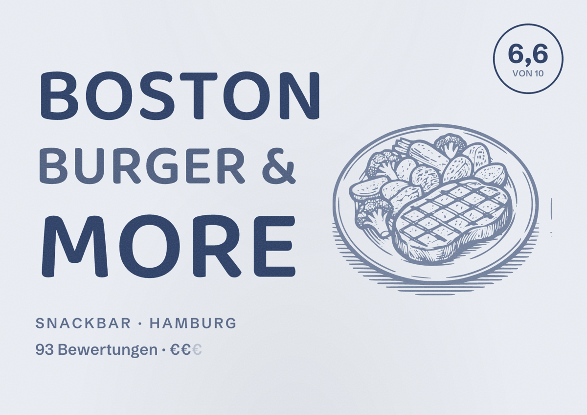 Illustriertes Poster von Boston Burger & More, Snackbar in Hamburg: Bewertung 6,6 von 10 aus 93 Bewertungen, Preisniveau €€