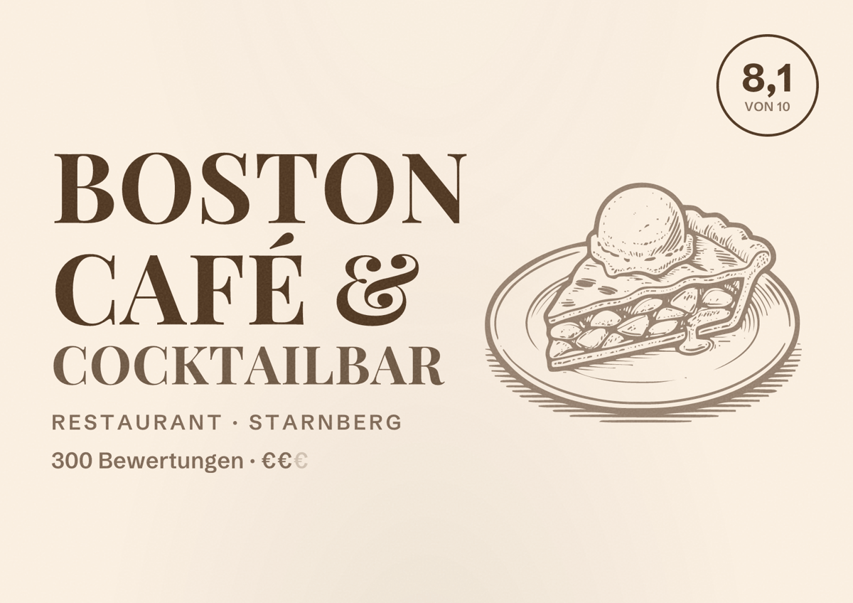 Illustriertes Poster von Boston Café & Cocktailbar, Restaurant in Starnberg: Bewertung 8,1 von 10 aus 300 Bewertungen, Preisniveau €€