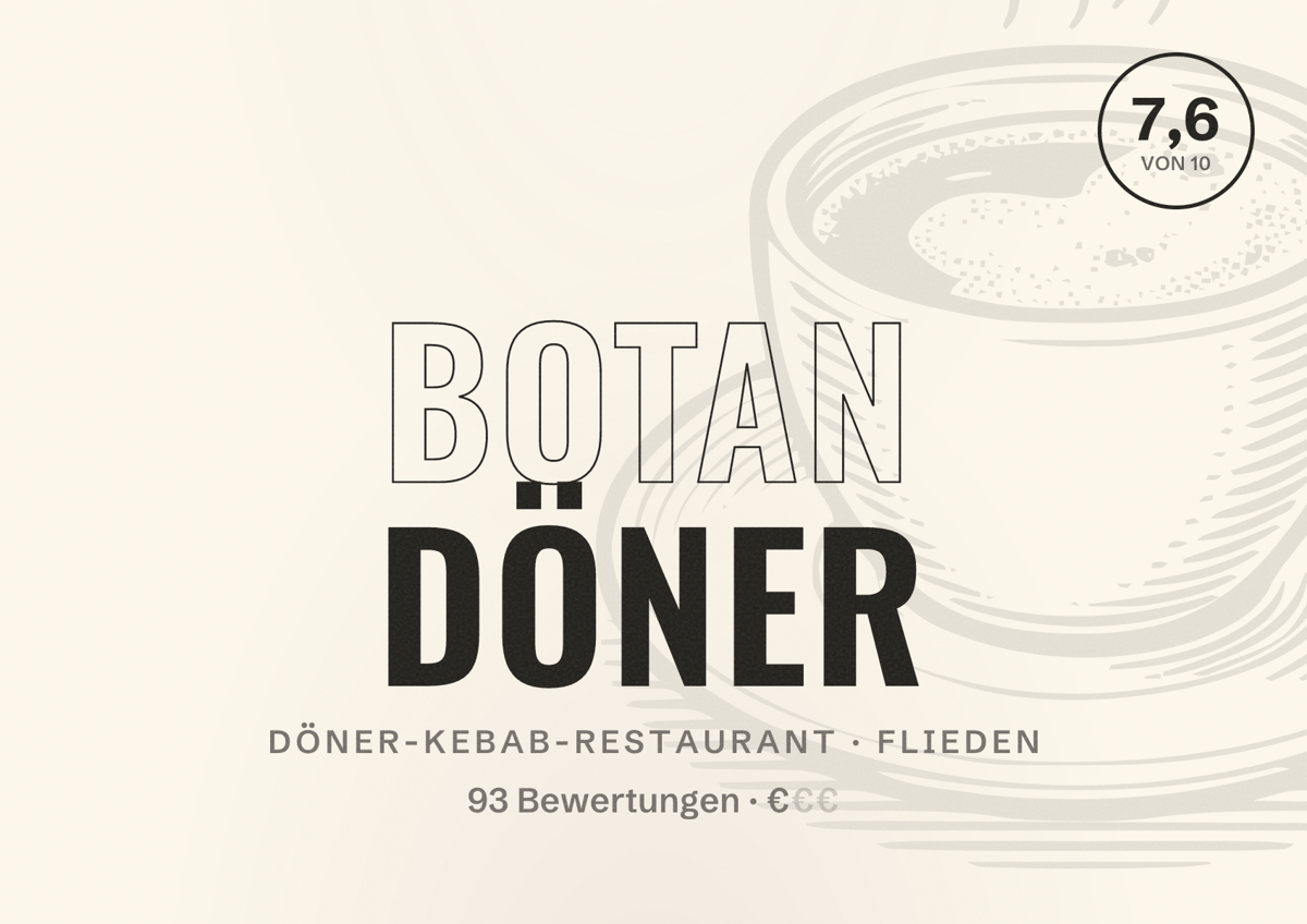 Illustriertes Poster von Botan Döner, Döner-Kebab-Restaurant in Flieden: Bewertung 7,6 von 10 aus 93 Bewertungen, Preisniveau €