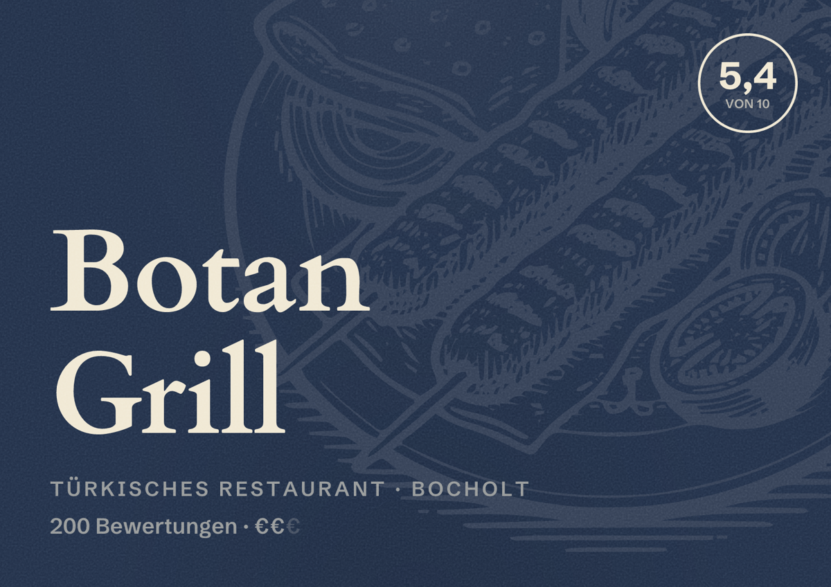 Illustriertes Poster von Botan Grill, Türkisches Restaurant in Bocholt: Bewertung 5,4 von 10 aus 200 Bewertungen, Preisniveau €€