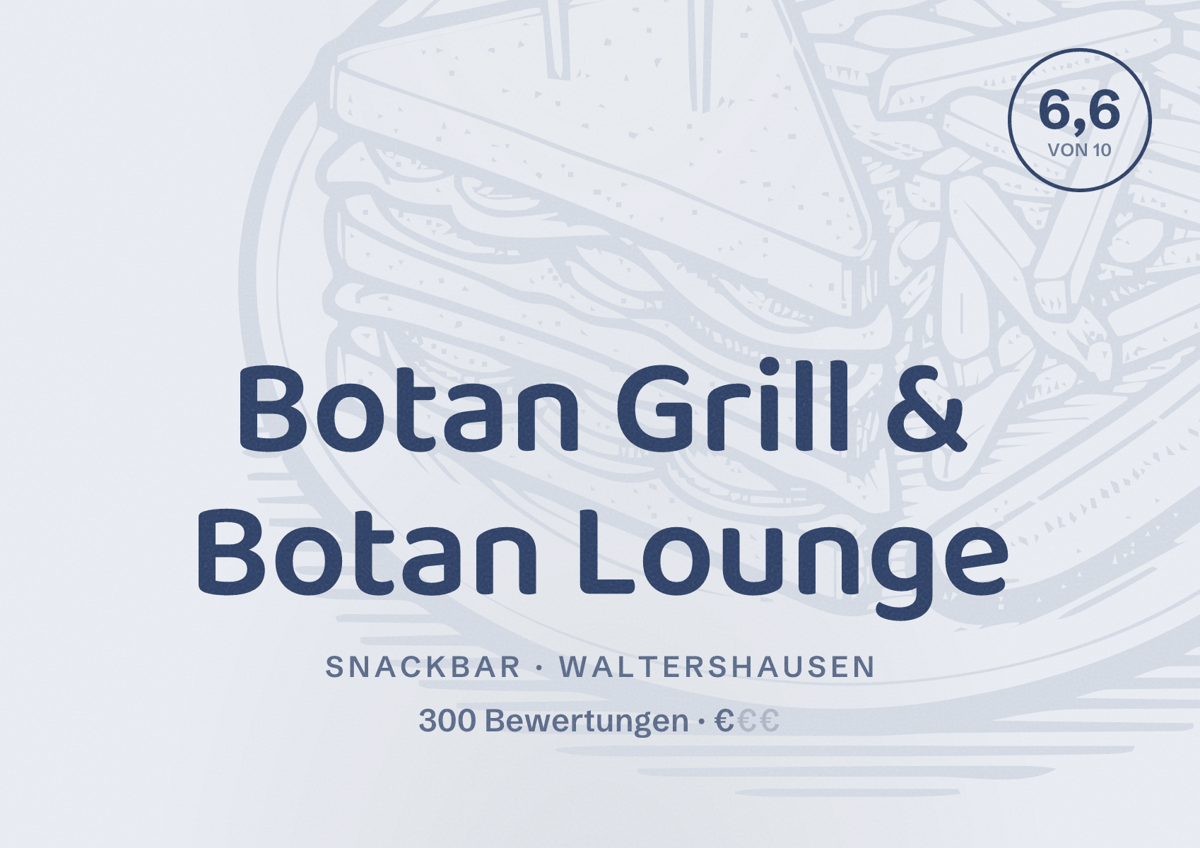 Illustriertes Poster von Botan Grill & Botan Lounge, Snackbar in Waltershausen: Bewertung 6,6 von 10 aus 300 Bewertungen, Preisniveau €