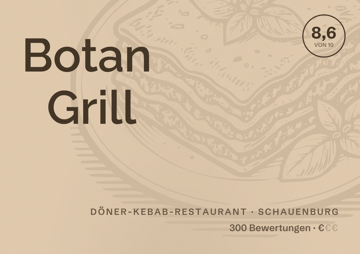 Illustriertes Poster von Botan Grill, Döner-Kebab-Restaurant in Schauenburg: Bewertung 8,6 von 10 aus 300 Bewertungen, Preisniveau €