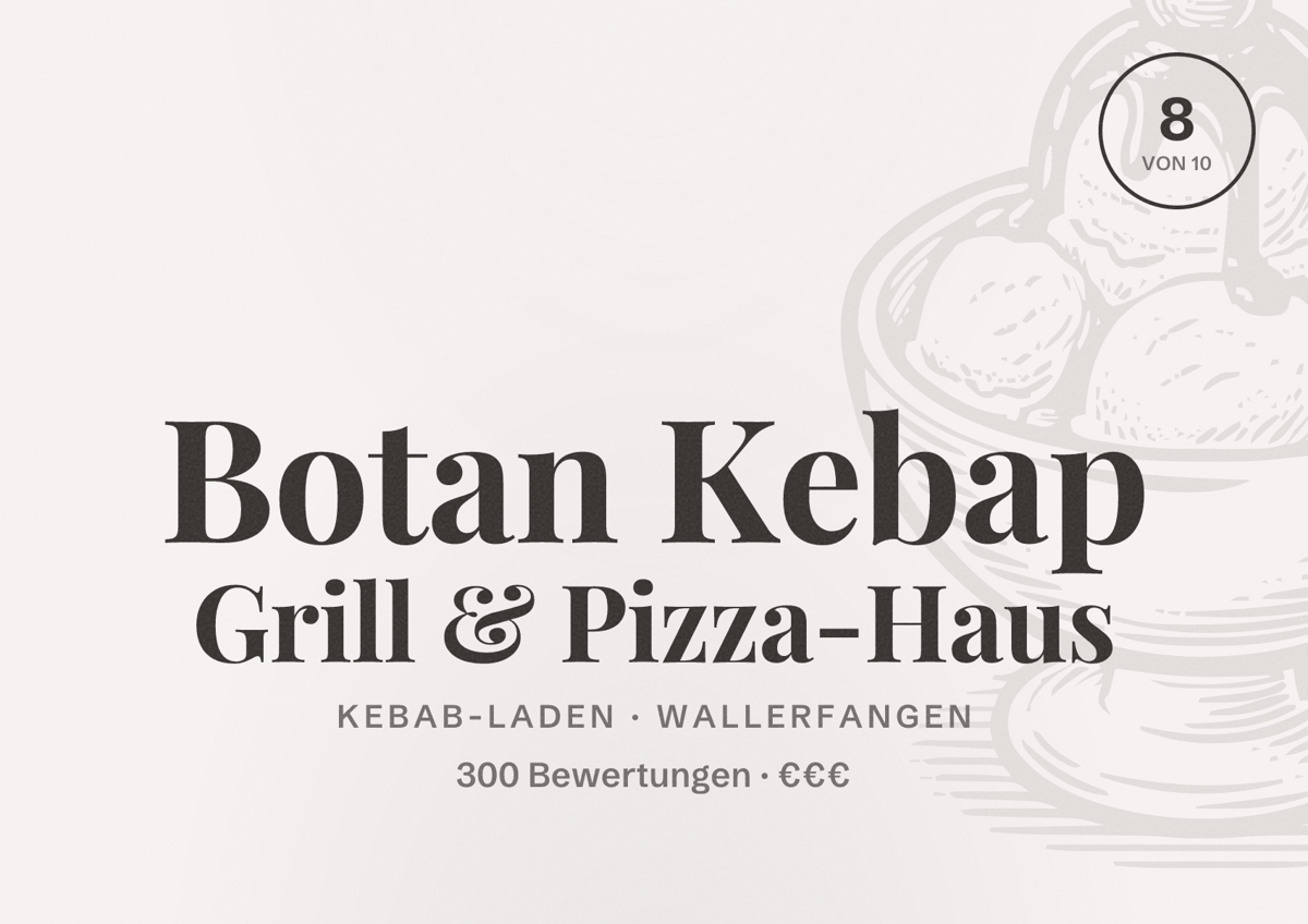 Illustriertes Poster von Botan Kebap Grill & Pizza-Haus, Kebab-Laden in Wallerfangen: Bewertung 8 von 10 aus 300 Bewertungen, Preisniveau €€€