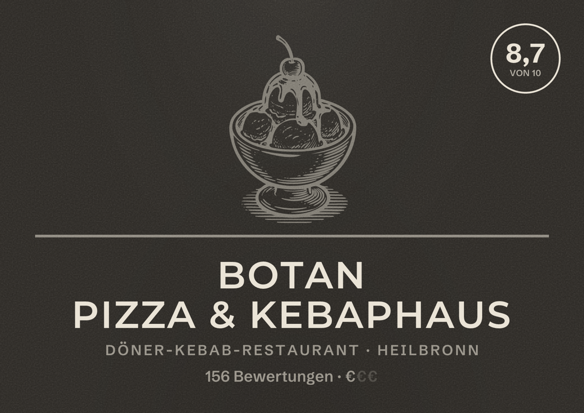 Illustriertes Poster von Botan Pizza & Kebaphaus, Döner-Kebab-Restaurant in Heilbronn: Bewertung 8,7 von 10 aus 156 Bewertungen, Preisniveau €