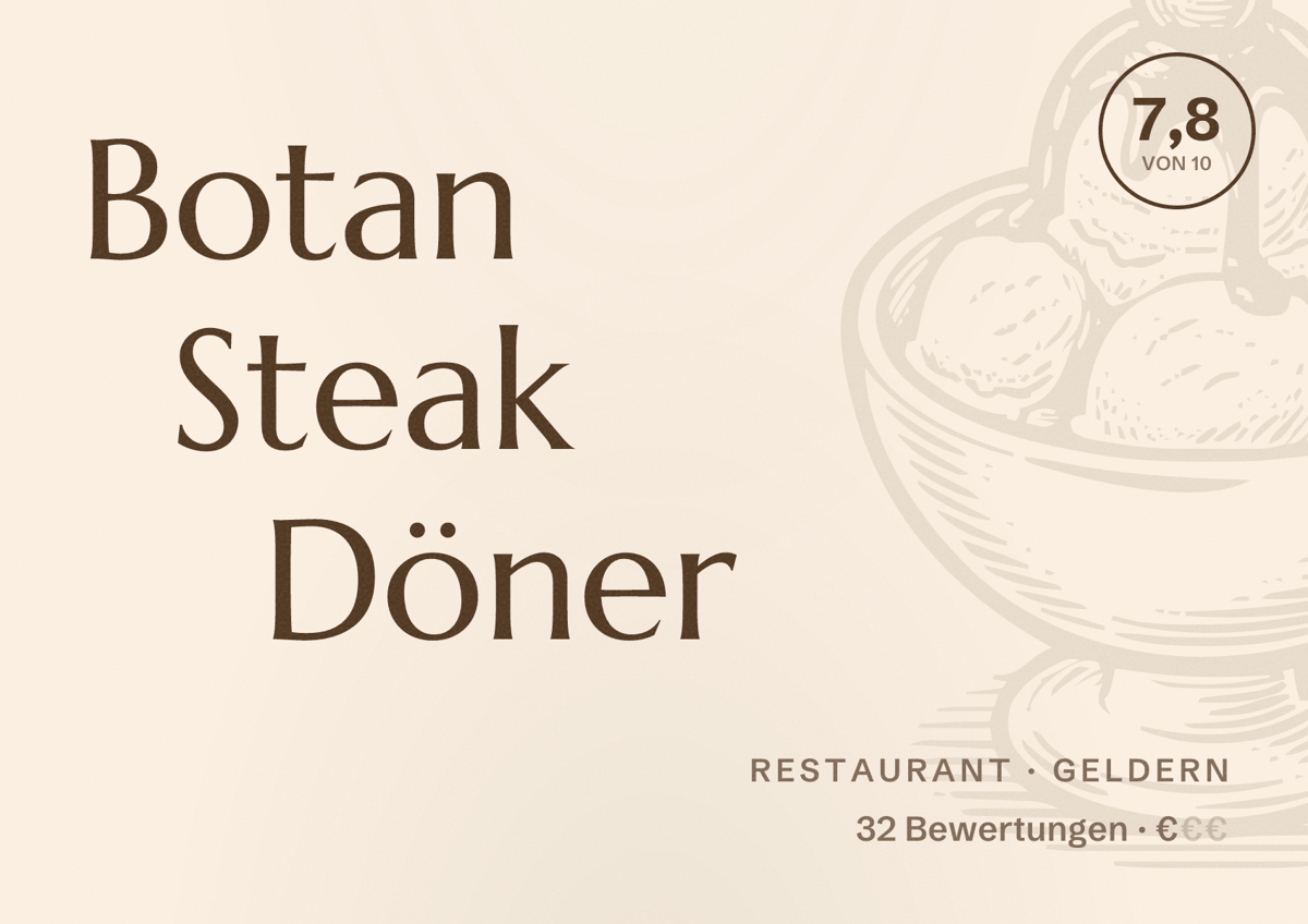 Illustriertes Poster von Botan Steak Döner, Restaurant in Geldern: Bewertung 7,8 von 10 aus 32 Bewertungen, Preisniveau €