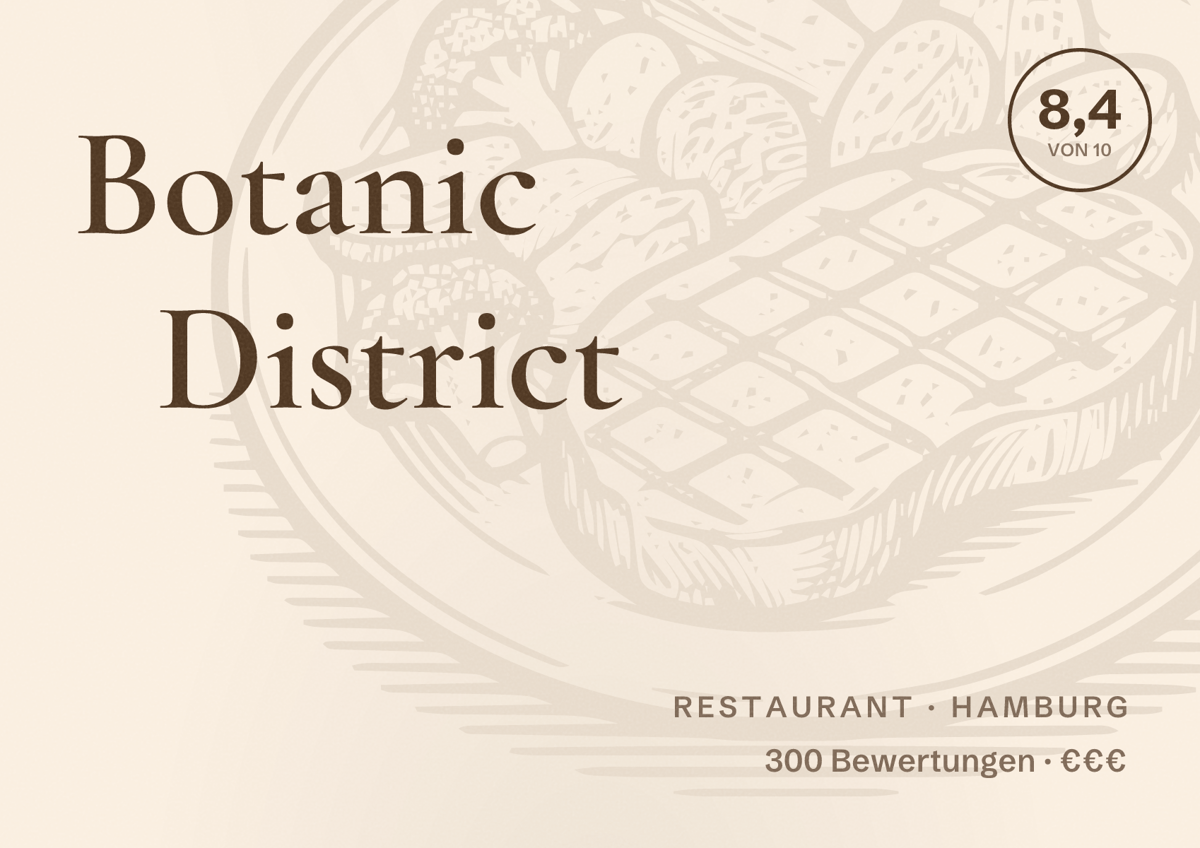 Illustriertes Poster von Botanic District, Restaurant in Hamburg: Bewertung 8,4 von 10 aus 300 Bewertungen, Preisniveau €€€