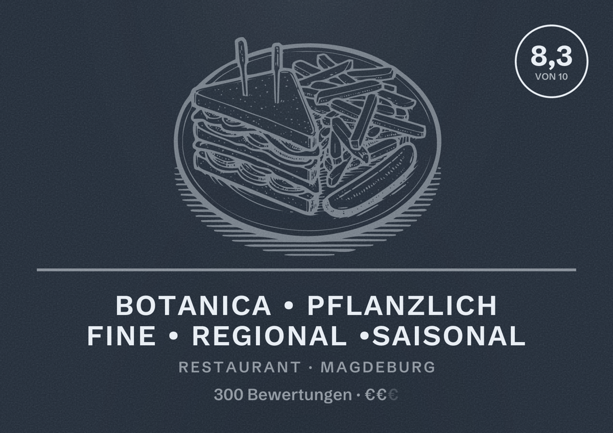 Illustriertes Poster von BOTANICA • pflanzlich fine • regional •saisonal, Restaurant in Magdeburg: Bewertung 8,3 von 10 aus 300 Bewertungen, Preisniveau €€