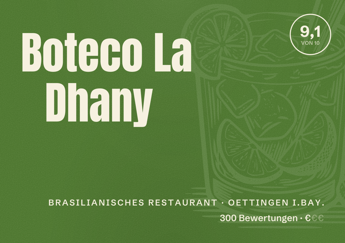 Illustriertes Poster von Boteco La Dhany, Brasilianisches Restaurant in Oettingen i.Bay.: Bewertung 9,1 von 10 aus 300 Bewertungen, Preisniveau €