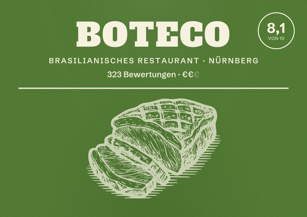 Illustriertes Poster von Boteco, Brasilianisches Restaurant in Nürnberg: Bewertung 8,1 von 10 aus 323 Bewertungen, Preisniveau €€