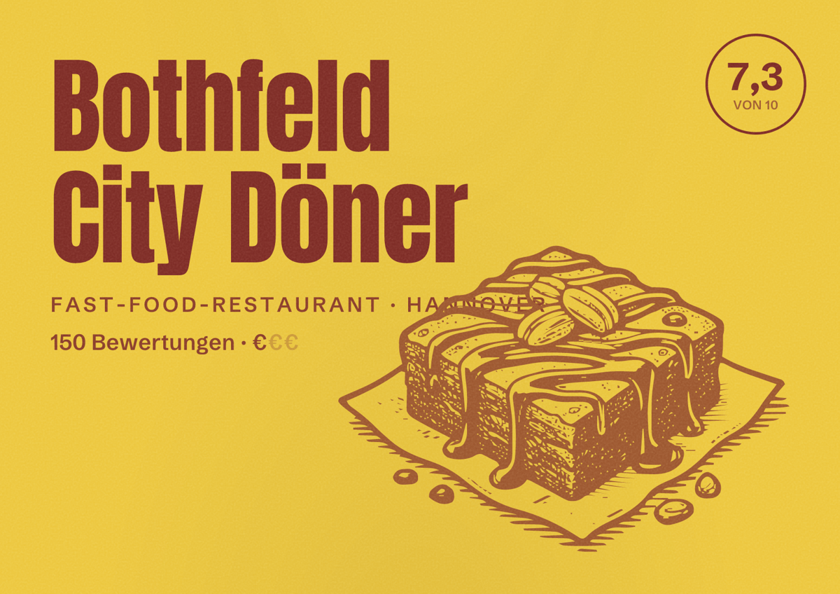 Illustriertes Poster von Bothfeld City Döner, Fast-Food-Restaurant in Hannover: Bewertung 7,3 von 10 aus 150 Bewertungen, Preisniveau €