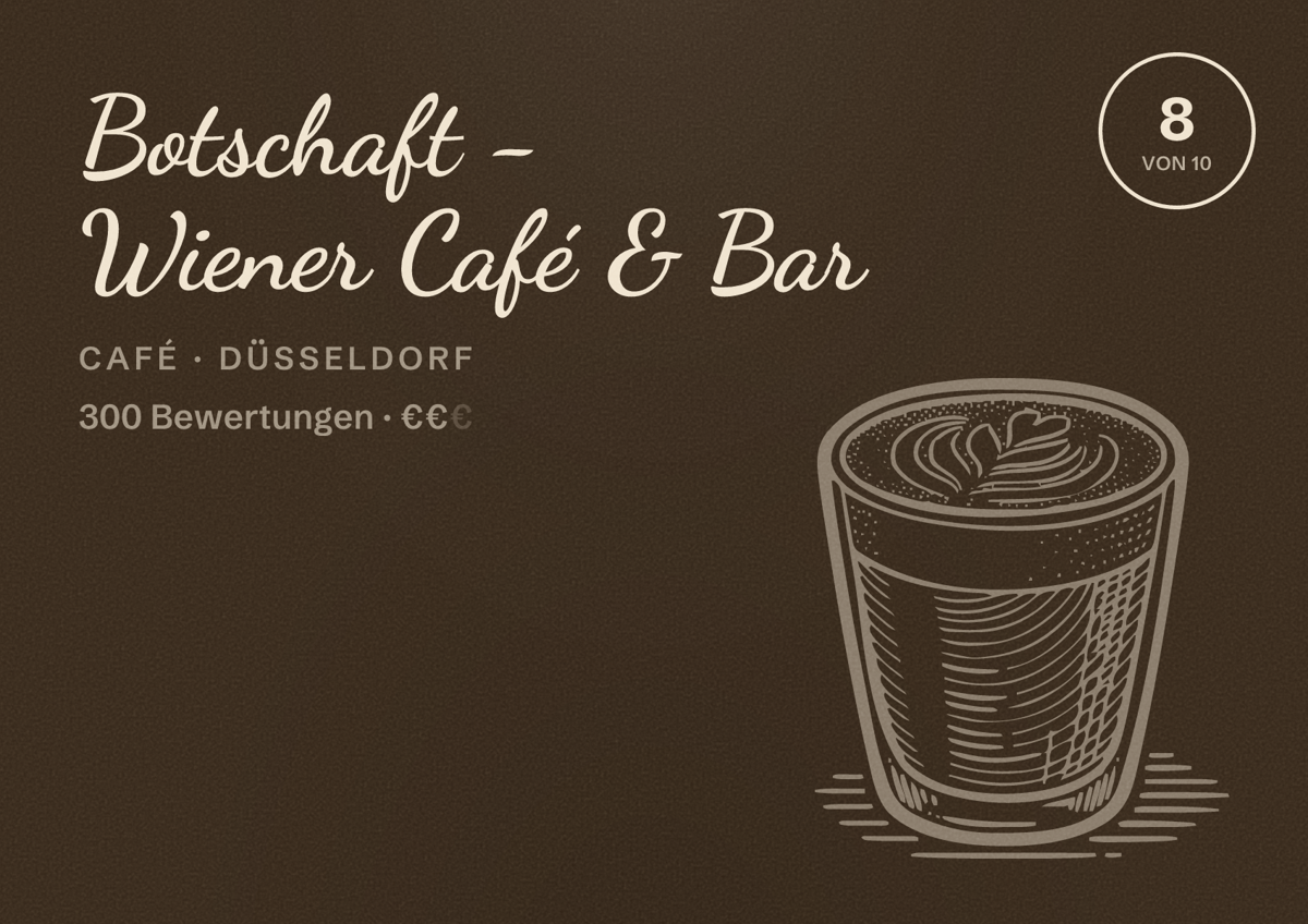 Illustriertes Poster von Botschaft - Wiener Café & Bar, Café in Düsseldorf: Bewertung 8 von 10 aus 300 Bewertungen, Preisniveau €€