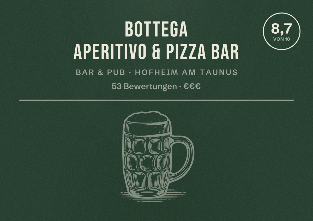 Illustriertes Poster von Bottega Aperitivo & Pizza Bar, Bar & Pub in Hofheim am Taunus: Bewertung 8,7 von 10 aus 53 Bewertungen, Preisniveau €€€