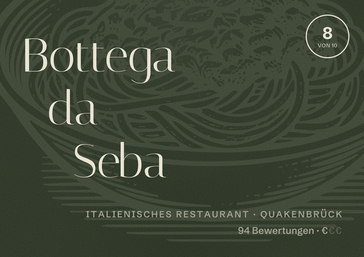 Illustriertes Poster von Bottega da Seba, Italienisches Restaurant in Quakenbrück: Bewertung 8 von 10 aus 94 Bewertungen, Preisniveau €
