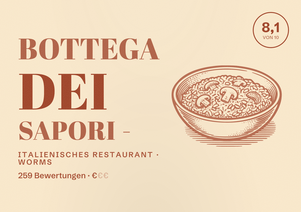 Illustriertes Poster von Bottega dei Sapori -, Italienisches Restaurant in Worms: Bewertung 8,1 von 10 aus 259 Bewertungen, Preisniveau €