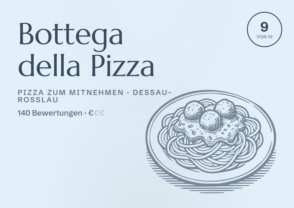 Illustriertes Poster von Bottega della Pizza, Pizza zum Mitnehmen in Dessau-Roßlau: Bewertung 9 von 10 aus 140 Bewertungen, Preisniveau €