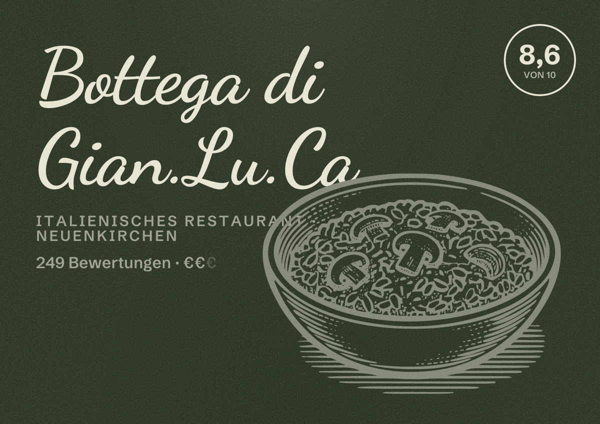 Illustriertes Poster von Bottega di Gian.Lu.Ca, Italienisches Restaurant in Neuenkirchen: Bewertung 8,6 von 10 aus 249 Bewertungen, Preisniveau €€