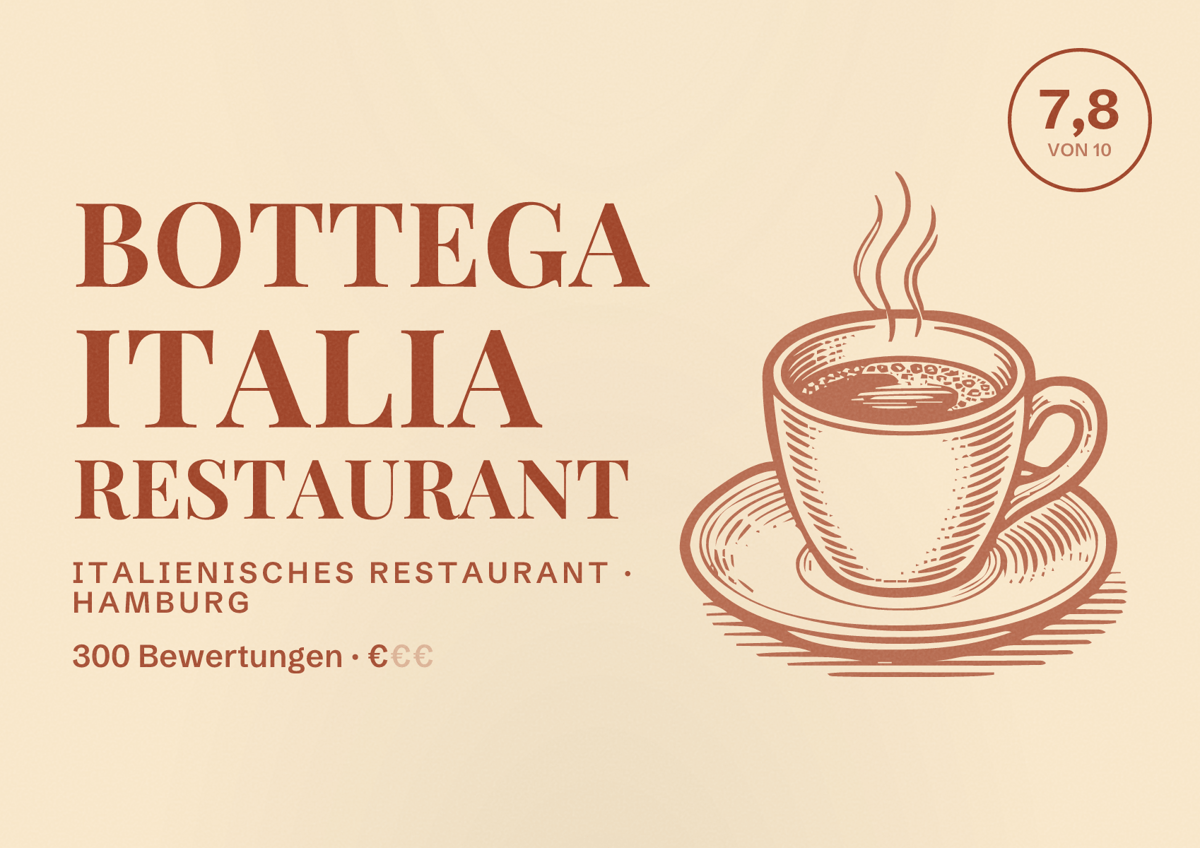 Illustriertes Poster von Bottega Italia Restaurant, Italienisches Restaurant in Hamburg: Bewertung 7,8 von 10 aus 300 Bewertungen, Preisniveau €