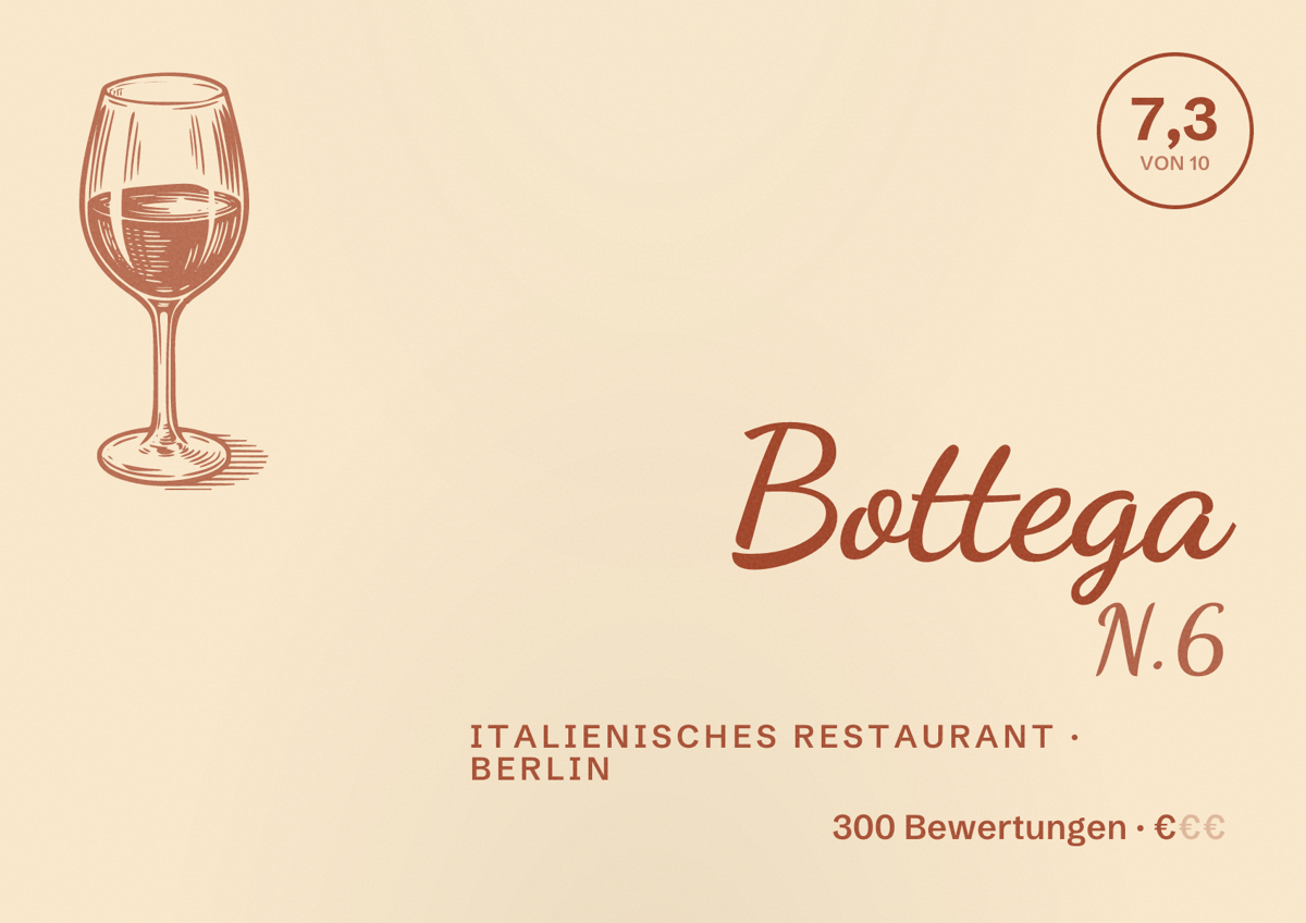 Illustriertes Poster von Bottega N.6, Italienisches Restaurant in Berlin: Bewertung 7,3 von 10 aus 300 Bewertungen, Preisniveau €