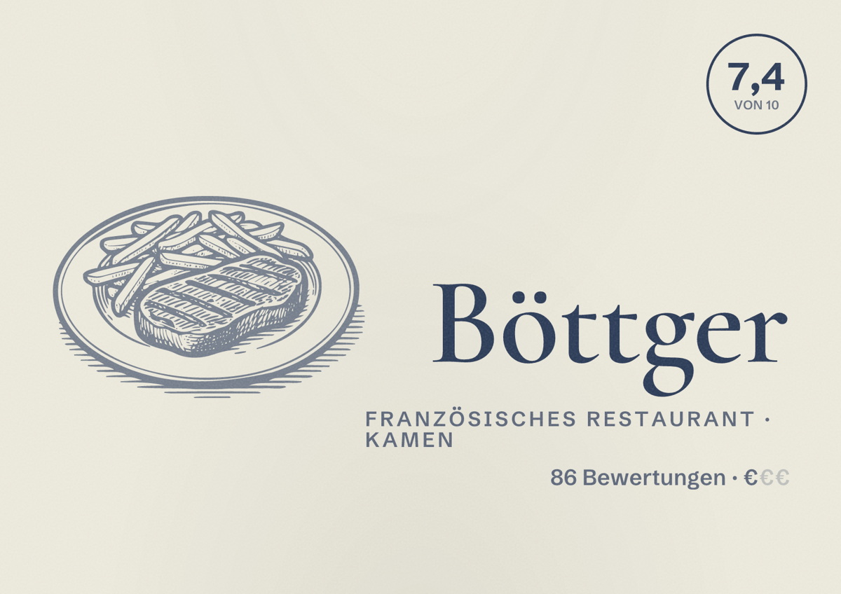Illustriertes Poster von Böttger, Französisches Restaurant in Kamen: Bewertung 7,4 von 10 aus 86 Bewertungen, Preisniveau €