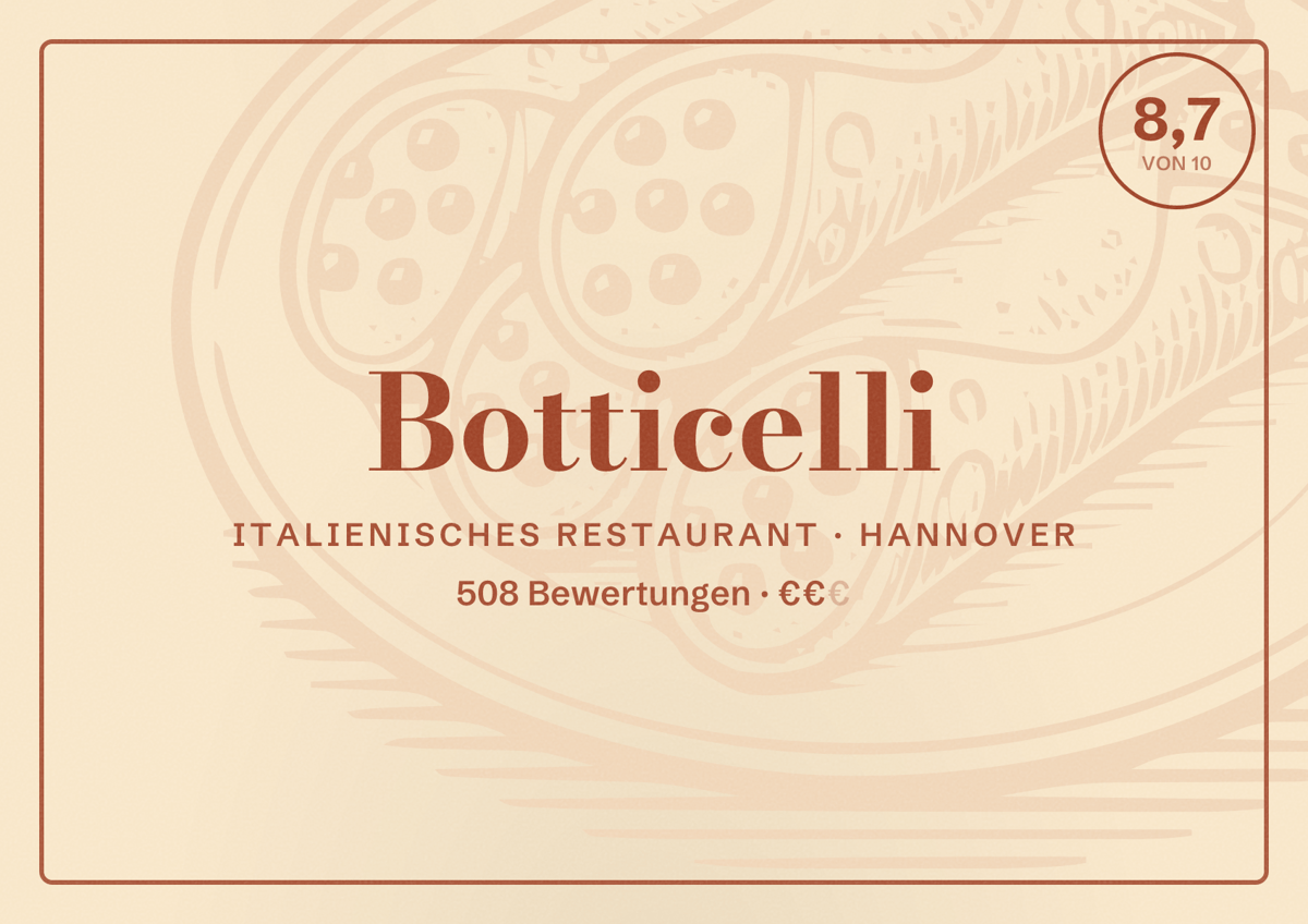 Illustriertes Poster von Botticelli, Italienisches Restaurant in Hannover: Bewertung 8,7 von 10 aus 508 Bewertungen, Preisniveau €€