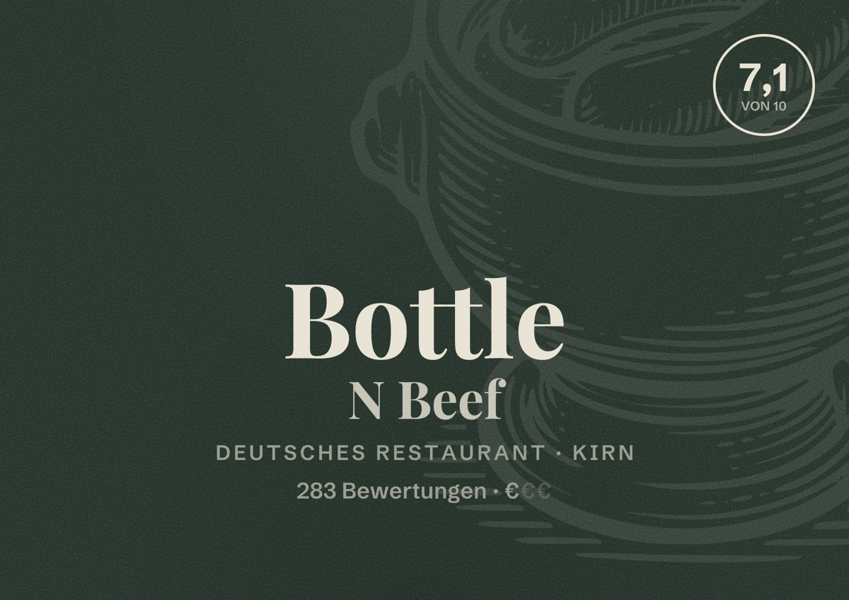 Illustriertes Poster von Bottle N Beef, Deutsches Restaurant in Kirn: Bewertung 7,1 von 10 aus 283 Bewertungen, Preisniveau €