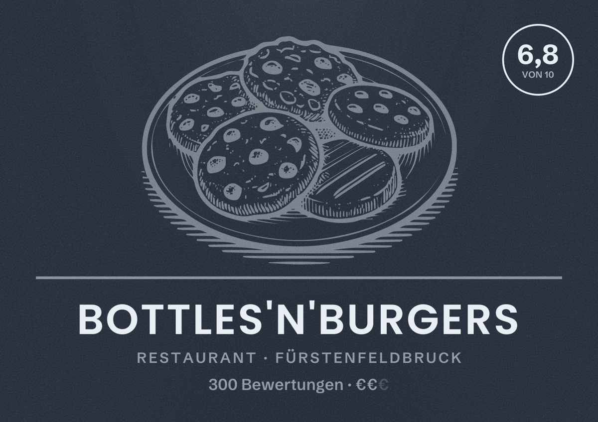 Illustriertes Poster von Bottles'n'Burgers, Restaurant in Fürstenfeldbruck: Bewertung 6,8 von 10 aus 300 Bewertungen, Preisniveau €€