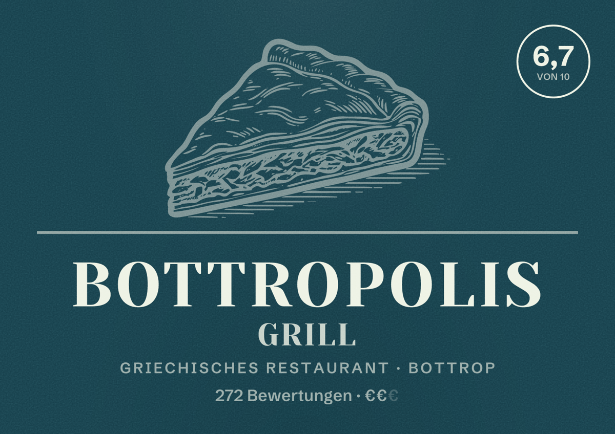 Illustriertes Poster von Bottropolis Grill, Griechisches Restaurant in Bottrop: Bewertung 6,7 von 10 aus 272 Bewertungen, Preisniveau €€