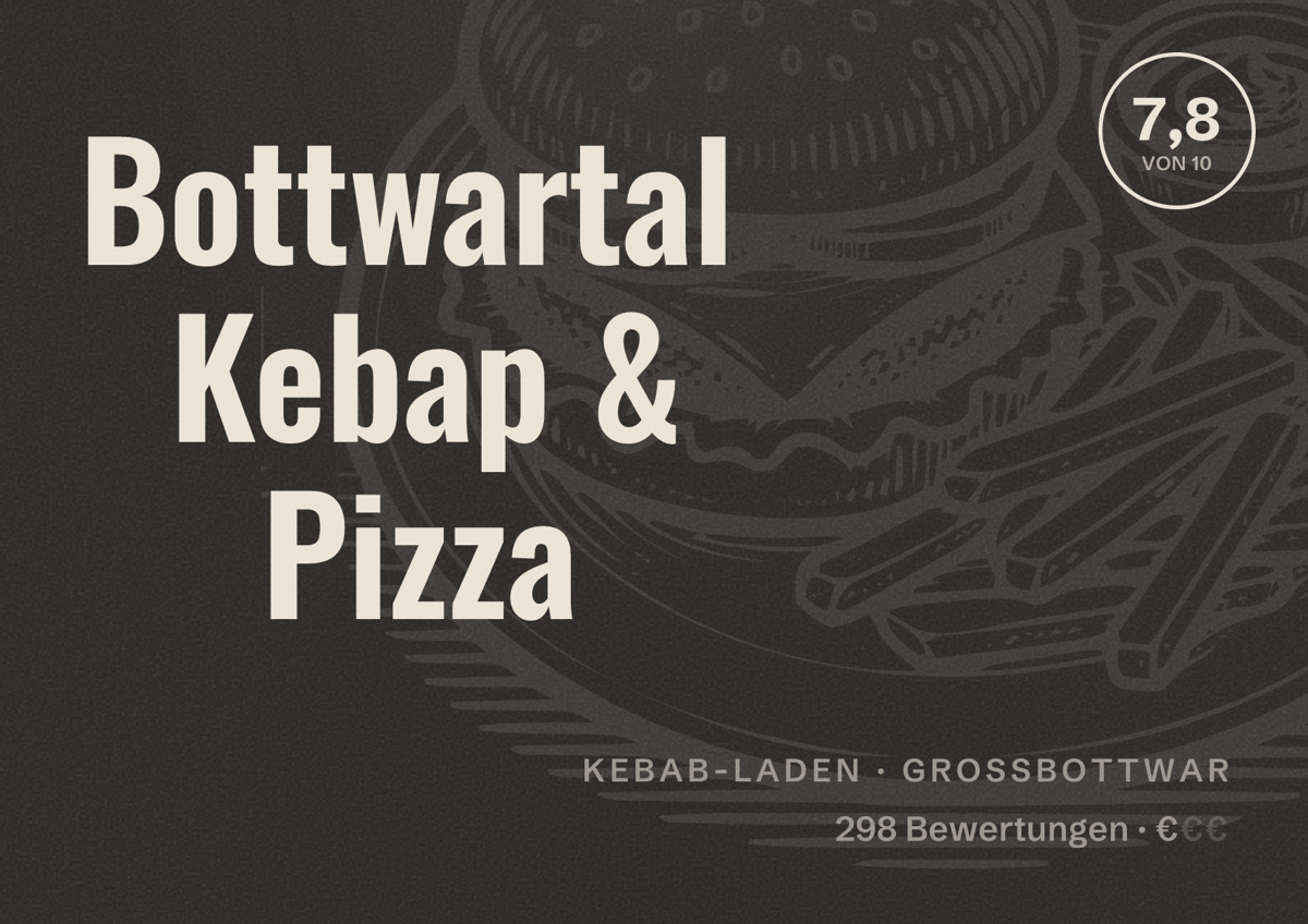 Illustriertes Poster von Bottwartal Kebap & Pizza, Kebab-Laden in Großbottwar: Bewertung 7,8 von 10 aus 298 Bewertungen, Preisniveau €