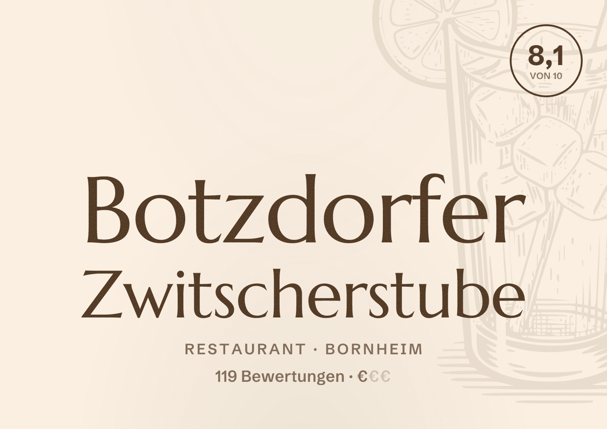Illustriertes Poster von Botzdorfer Zwitscherstube, Restaurant in Bornheim: Bewertung 8,1 von 10 aus 119 Bewertungen, Preisniveau €