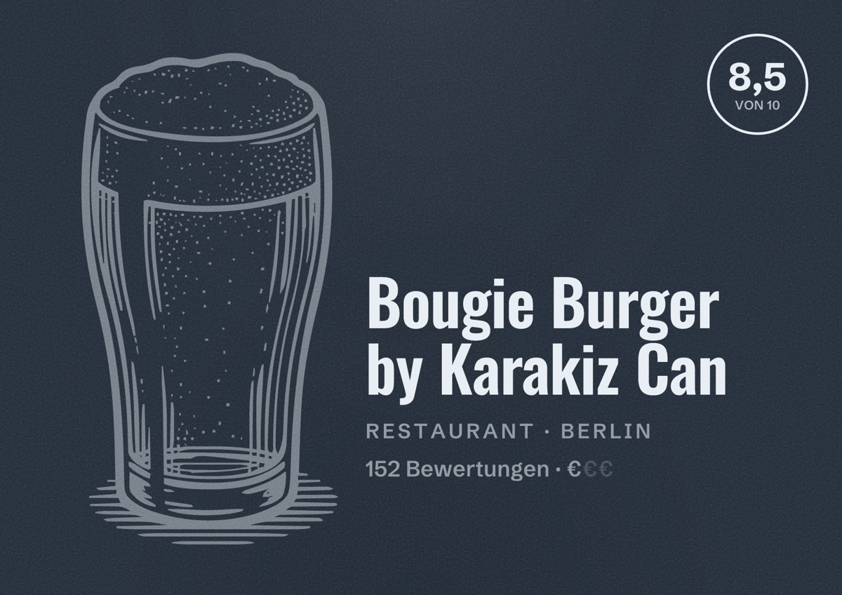 Illustriertes Poster von Bougie Burger by Karakiz Can, Restaurant in Berlin: Bewertung 8,5 von 10 aus 152 Bewertungen, Preisniveau €